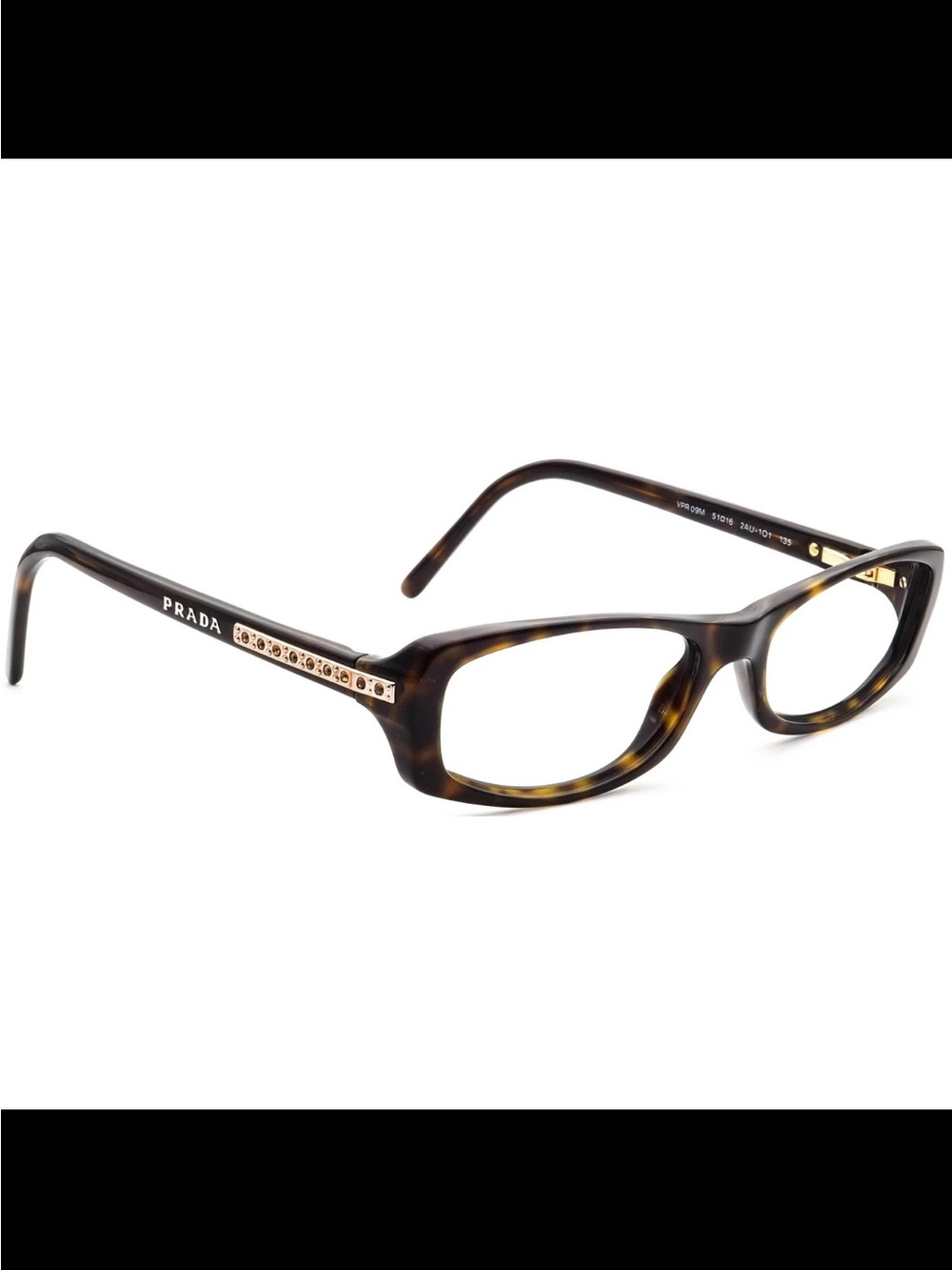 Prada Brown Tortoiseshell Rectangular Women's Glasses with Gold Accents